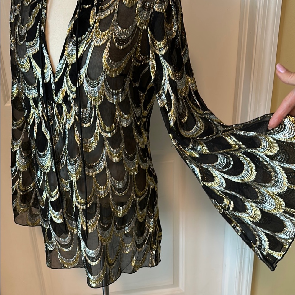 Trina Turk silk metallic gold silver black top cover up